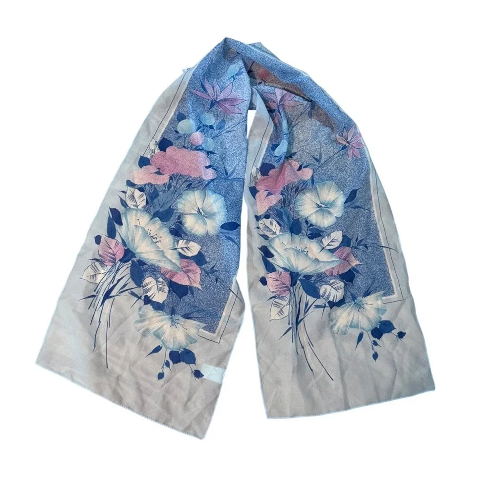 VTG Floral Scarf Silken Polyester by Birkshire Blue Pink 54x12 Cottagecore Retro
